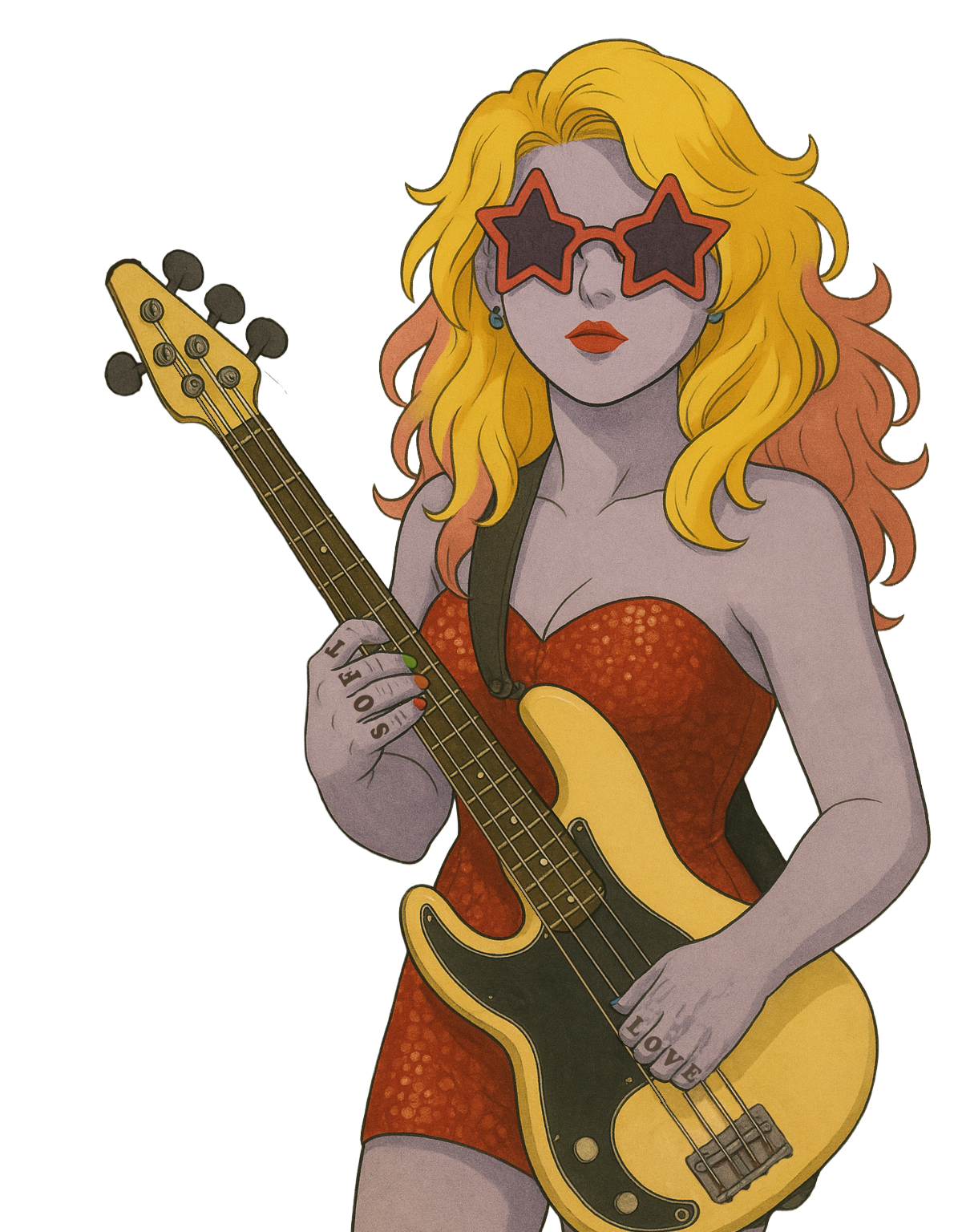 Oomfie character with bass guitar